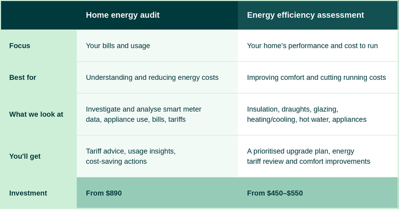 Table comparing Green Moves' Home Energy Audit (reviews bills and usage, from $890) with Energy Efficiency Assessment (reviews home performance, from $450–$550).